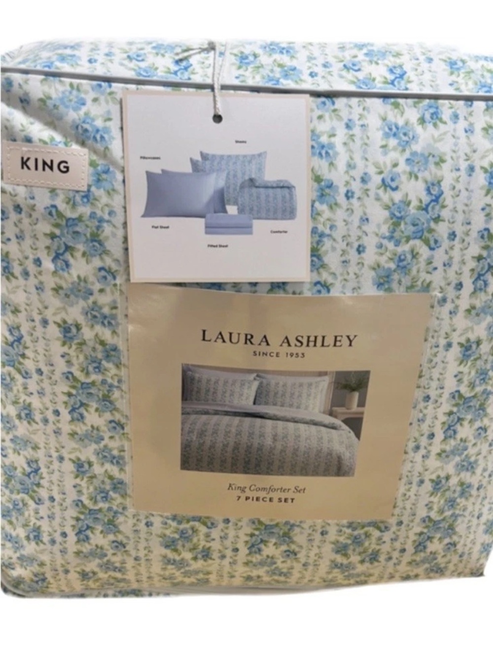 Laura Ashley Floral Blue, Green and White 7 Piece King Comforter Set 106”x92”